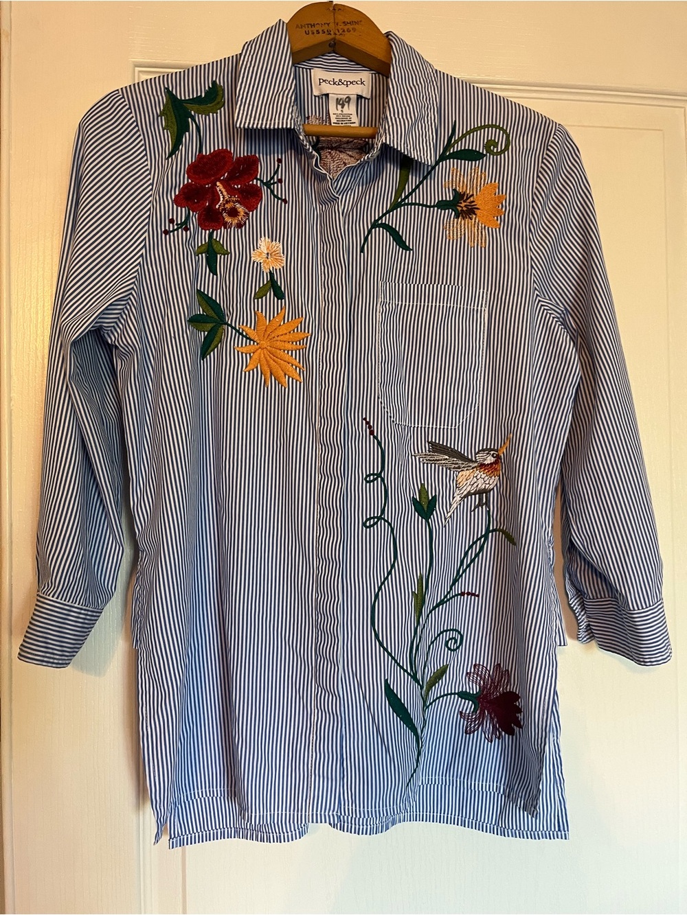 Peck and Peck Women Striped Top Tunic Button Down Side Split Embroidered Shirt S